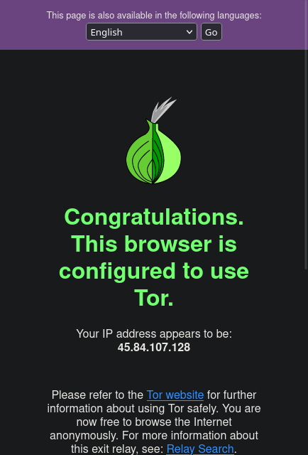 Screenshot of the Tor checker website showing the congratulations message
